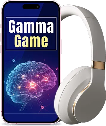The Gamma Game digital brain-training program dashboard showing daily puzzle sequence and guided audio session on phone, tablet, and computer